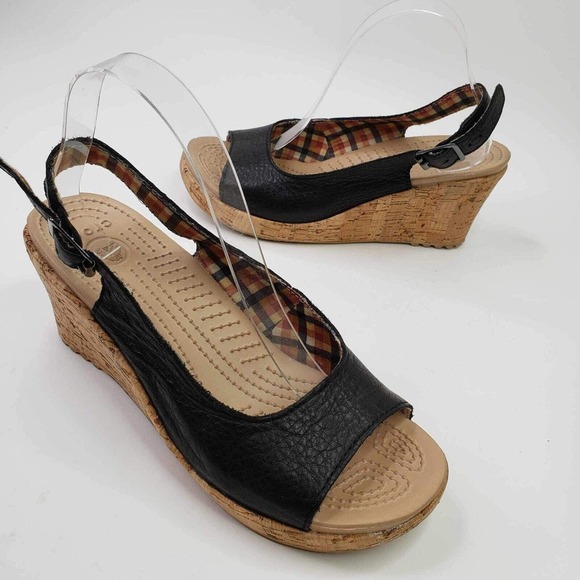 Crocs Shoes - Crocs Sandals A Leigh Womens Size 9’Black Leather Wedge Cork Heels Slip On